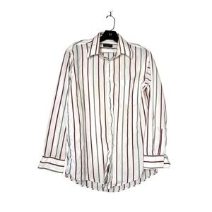 Christian Dior Monsieur Mens Striped Button Down Shirt White Burgundy 15.5 32-33